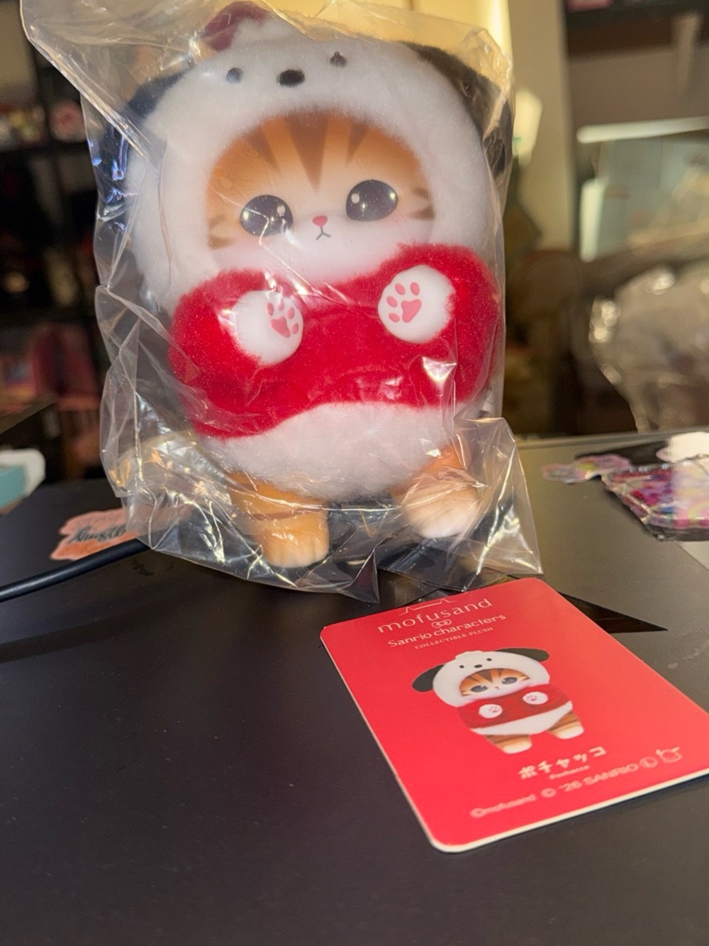 Sanrio Mofusand Pochacco Plush in White Hood with Red Paw Accents